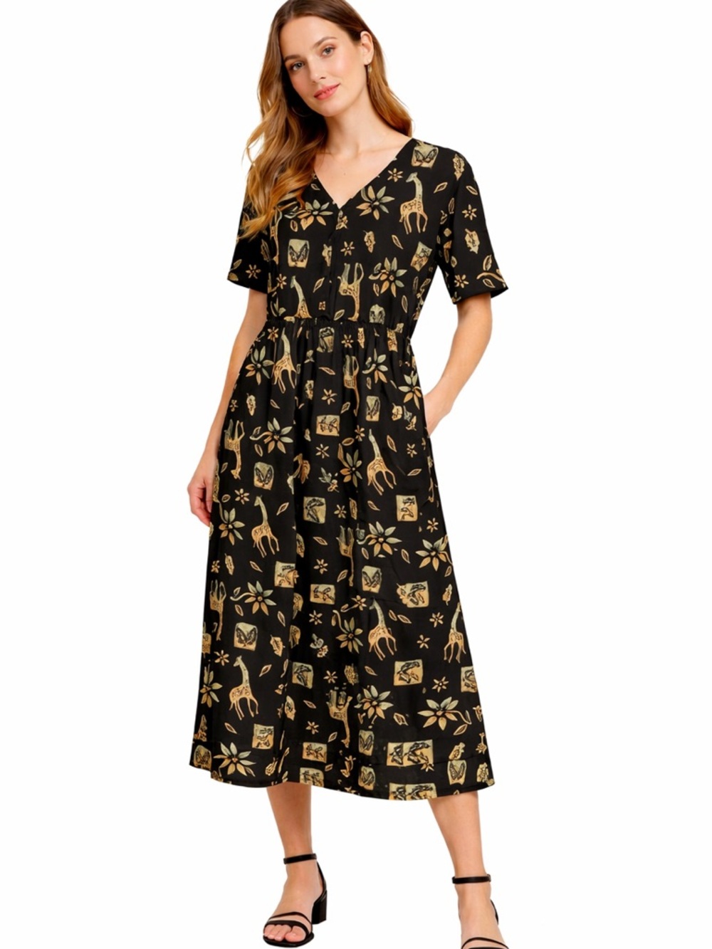 Vintage Erika Giraffe Print Midi‎ Dress Black Gold Quirky Artsy - Picture 2 of 7